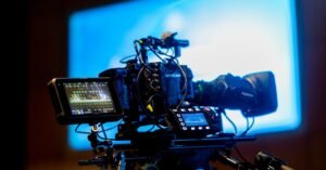 Close-up of a professional video camera setup in a studio environment with vibrant lighting.