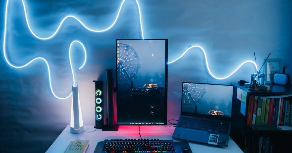 Contemporary desk setup featuring laptops, a vertical monitor, and stylish LED light decoration.