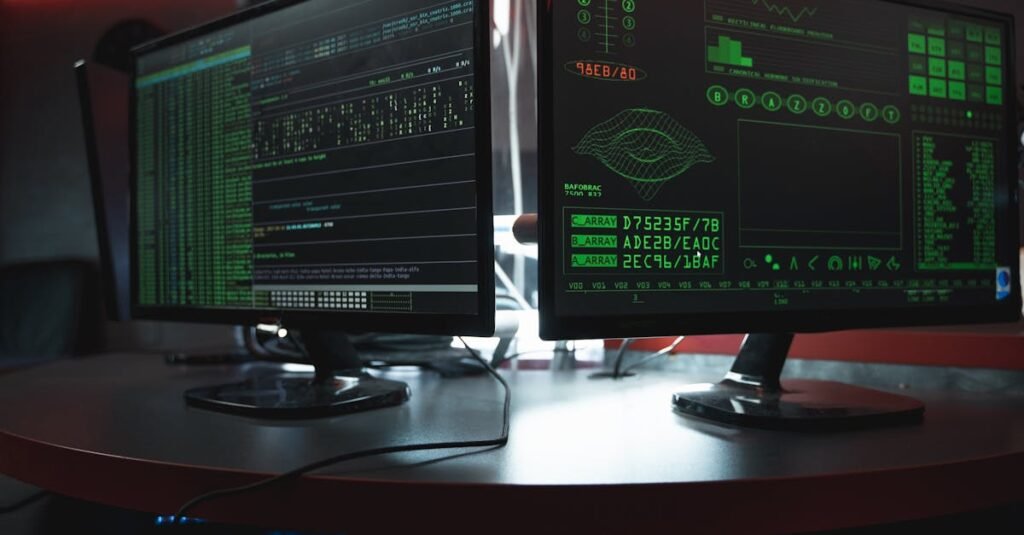 Close-up of dual computer monitors with green coding interfaces in a dark room, highlighting cyber security themes.