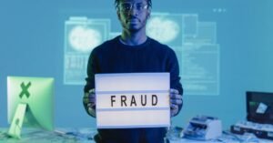 Man holding a 'FRAUD' sign in a tech setting, symbolizing cybersecurity threats.