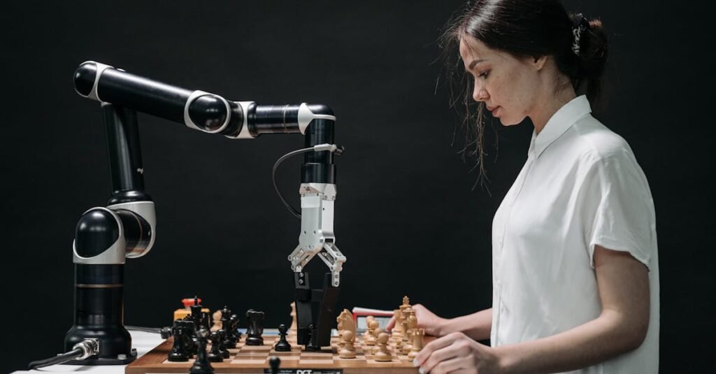 A robot and woman engage in chess, showcasing technology and strategic thinking.
