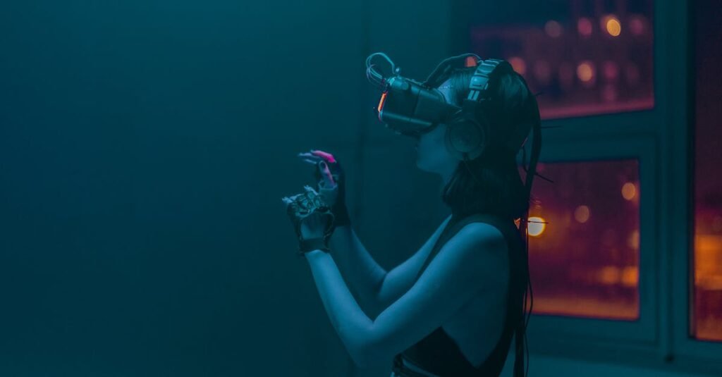 A woman wearing a VR headset and gloves immersed in a virtual reality experience inside a dimly lit room.